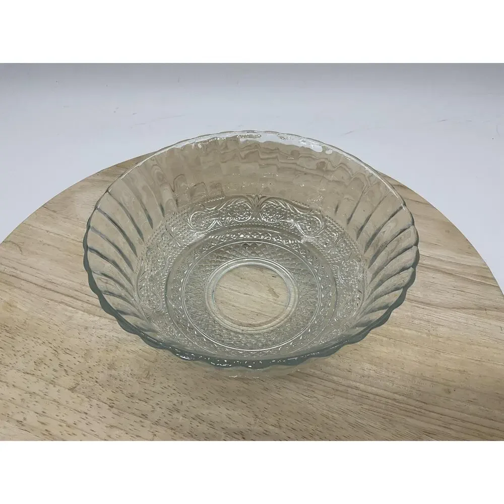 Clear Glass Serving Bowl Round Geometric Pressed Pattern Kitchen Decor‎ Tabletop